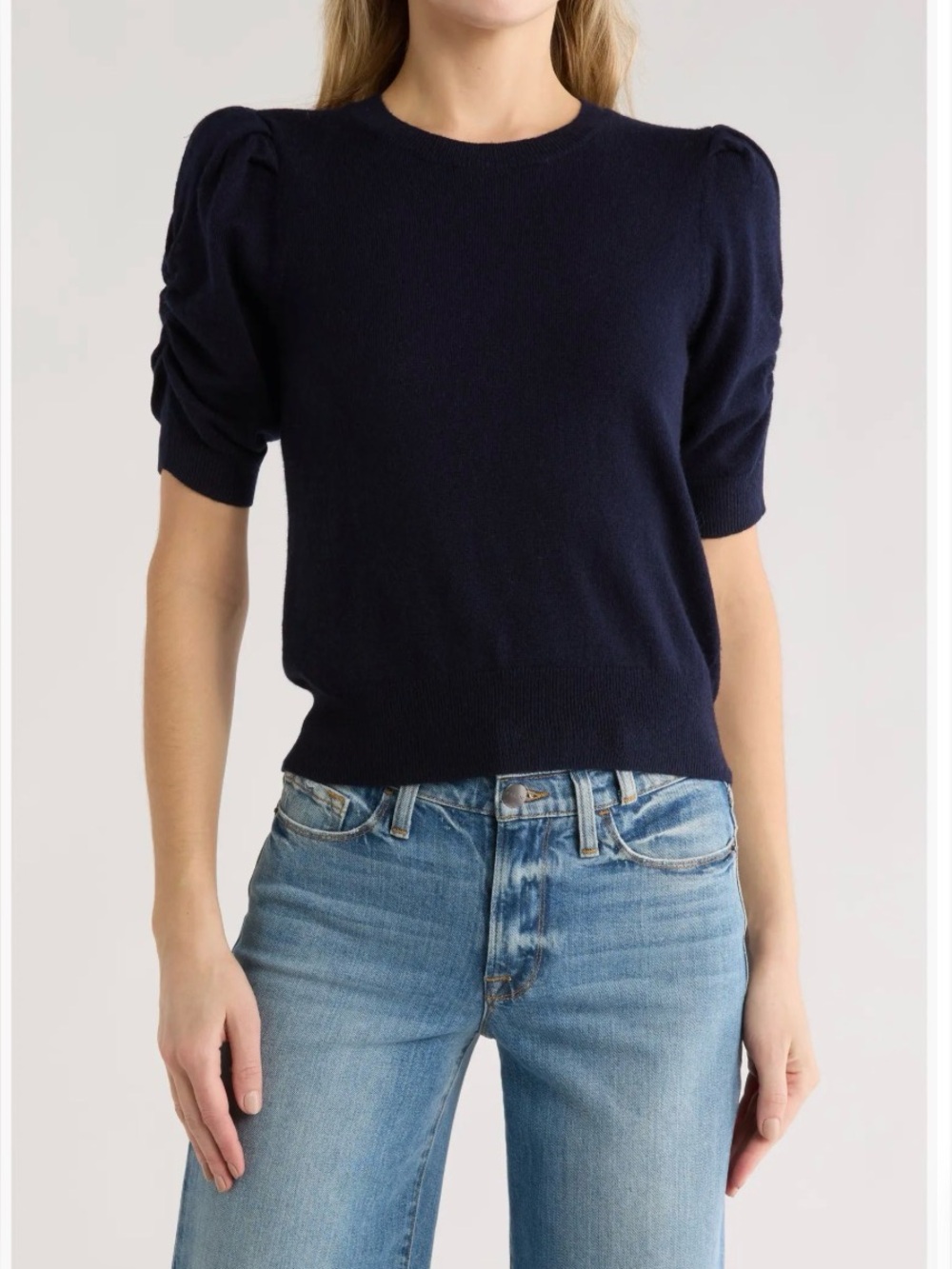 FRAME Frankie Ruched Puff Sleeve cashmere sweater  Navy Blue XL - Picture 2 of 9